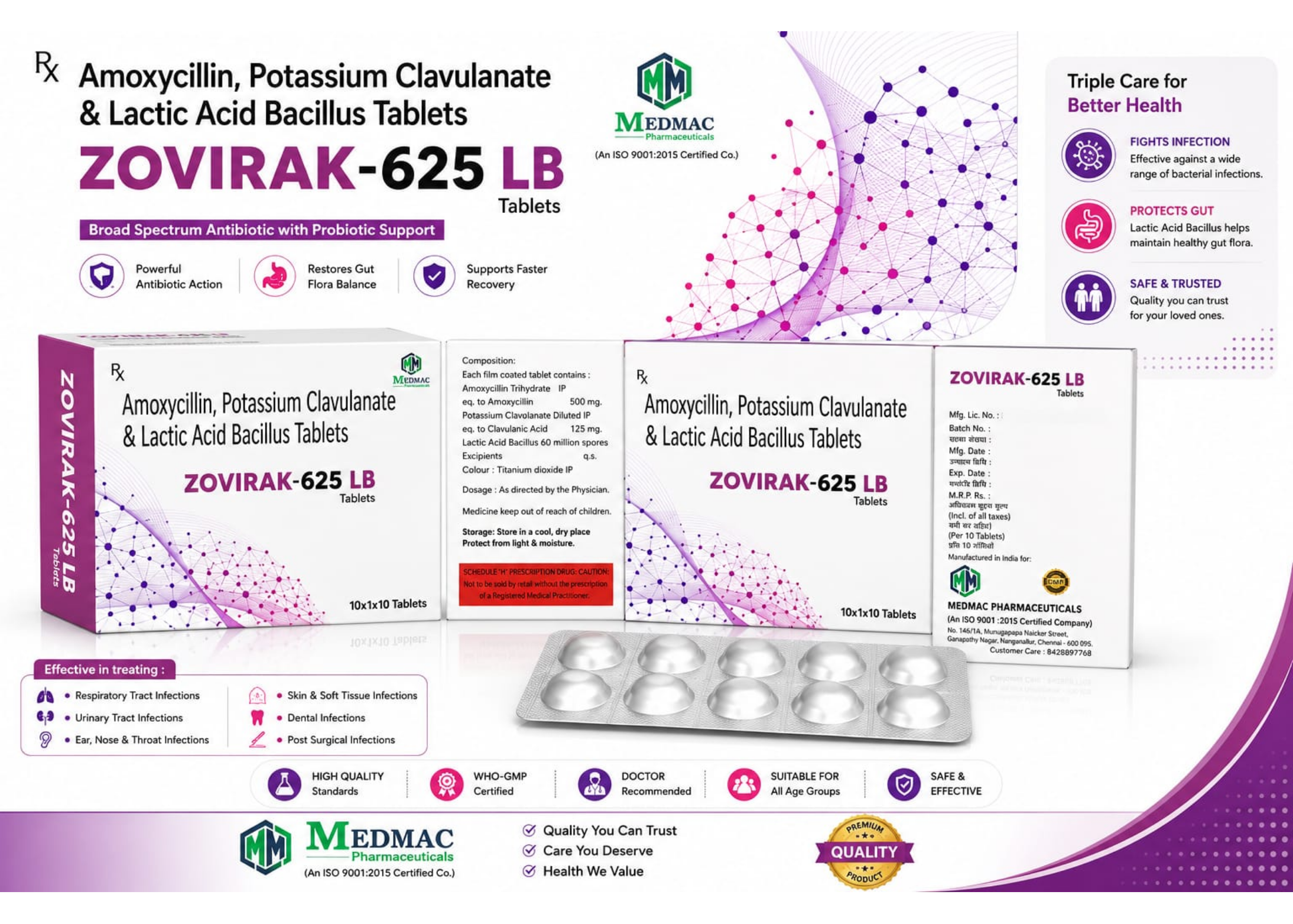 ZOVIRAK-625 LB – Amoxycillin, Potassium Clavulanate & Lactic Acid Bacillus Tablets